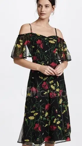 GREY by Jason Wu Black Floral Chiffon Silk Off Shoulder Midi Dress Size 6