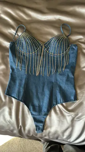 Blue Jean Rhinestone Bodysuit Size L