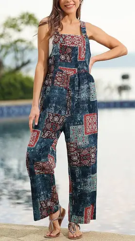 Himosyber Patchwork Jumpsuit Loose Floral Print Bohemian Wide Leg Overall 2XL Multiple Size XXL