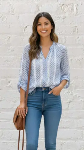 Counterparts Blue White Crochet Blouse Size M