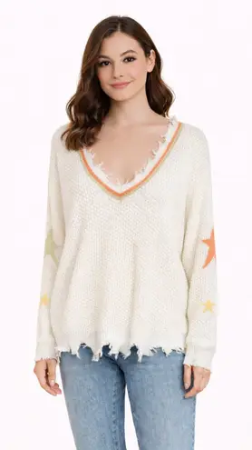 Hem & Thread  Star Knit V-Neck Sweater Distressed Hem Boho Cozy - Image 1