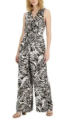 INC wide leg Jumpsuit Size 6 Brown white Satin tropical animal print NWT