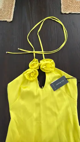 Elegant Yellow Satin Halter Midi Dress with flower detailing Size 6