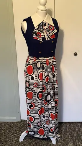 Vtg Mod Geometric Print Maxi Dress Red White & Blue 60s 70s Retro Hostess Op Art - Image 2