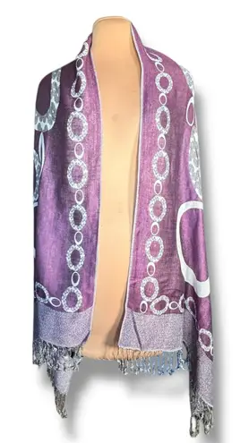 None Purple Reversible Geometric Circle Print Fringe Shawl Scarf Wrap Versatile