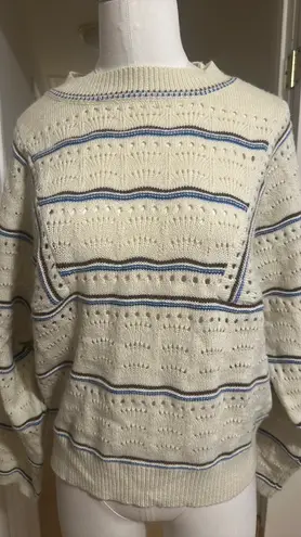 Lumière Lumiere Cream and Blue Crew Neck Sweater with Fine Knit