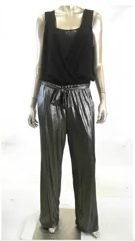 Ny Collection Black & Metallic Gold Layered Blouson Belted Wide Leg Jumpsuit M