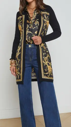 L'Agence Beverly Silk Black and Gold Panel Chain Cardigan