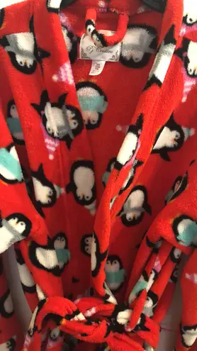 PJ Couture Fluffy Red Bathrobe With Christmas Penguins