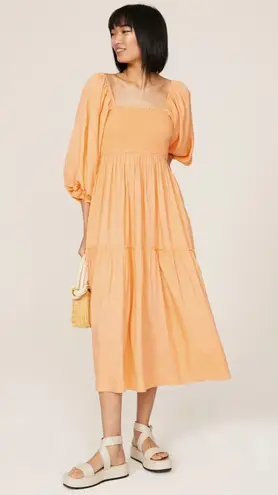LOUNA Orange Square Neckline Puff Sleeves Chic Flowy Midi Dress size Medium