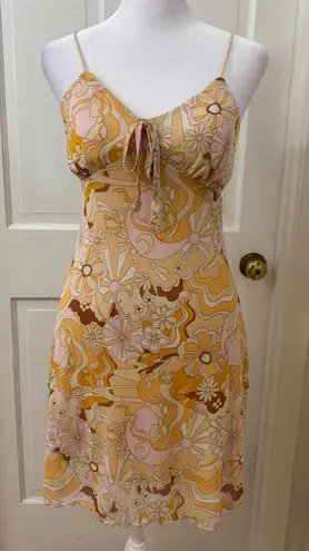 VTG Y2K Mesh Overlay Floral Babydoll Mini Dress Butter Yellow 70s Ruffle Hem S Orange