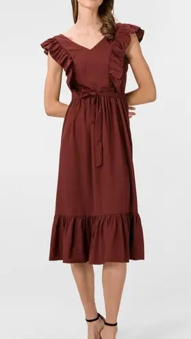 VERO MODA Odette Brown Ruffle Calf Dress NWT Sz M Women’s Polyester Tie Back