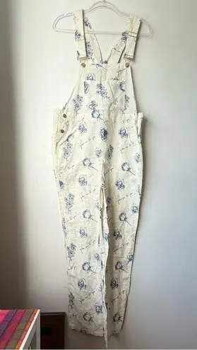 We Wore What From Me To You White Blue Floral Linen-Blend Overalls M