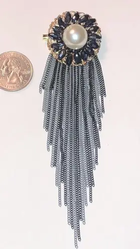 Gold Tone Faux Pearl Mixed Metal Dangling Chain Boho Brooch Shoulder Pin Black