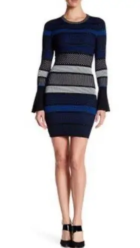 Alton Gray Bodycon Long Sleeve Striped Mesh Dress Size L Black Size L