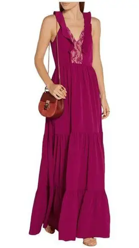 Saloni Suzi Ruffle Lace Trimmed Crinkled Gauze Maxi Size 6 Dress Magenta $625 Pink