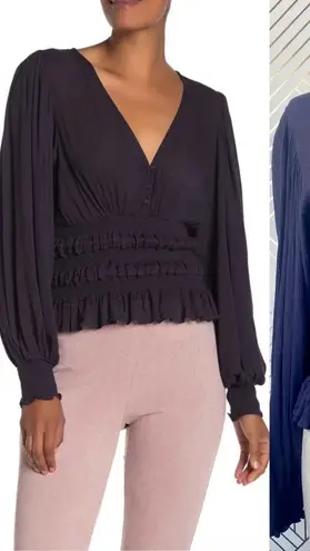 Pookie & Sebastian Smocked Bell Sleeve Top in Navy