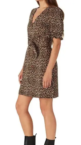 Marissa Webb Belted Leopard Print Denim Mini Dress Long Sleeve Safari Neutrals L