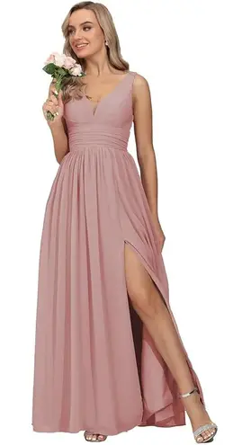 Bridesmaid Dress 8 Chiffon Long Wedding Guest A Line V Neck Formal Evening Slit Pink