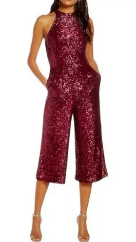 Forest Lily NEW Jumpsuit Sequin Wide Leg Crop Halter Neck Red Women’s Size 14