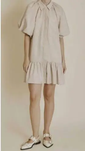 Aureum the Label Puff Sleeve Collared Mini Dress Neutral Beige Ruffle Small Tan