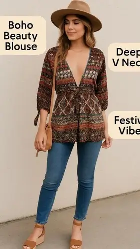 EMBER Coffee Brown Deep Vneck Tie Cuffs Festival Boho Blouse Top Large vacation