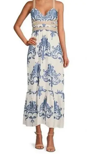 A loves A Coastal Wrap Corset Dress Womens Size L Blue White Embroidered Floral