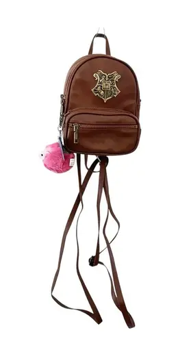 Harry Potter Hogwarts Crest Mini Backpack with Pink Pygmy Puff Keyring Brown