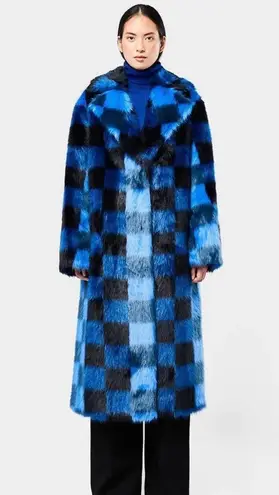 STAND STUDIO Women's Mio Blue Black Checkered Faux Fur Trench Coat Size XS