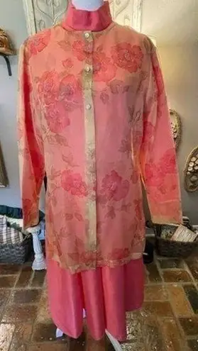 Vintage custom made sheath dress with floral, beaded chiffon jacket. Pink Size L