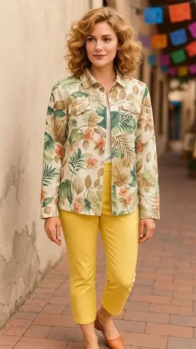 Alfred Dunner Size 12 Yellow Silk Blend Jacket Floral Trim Textured Lining