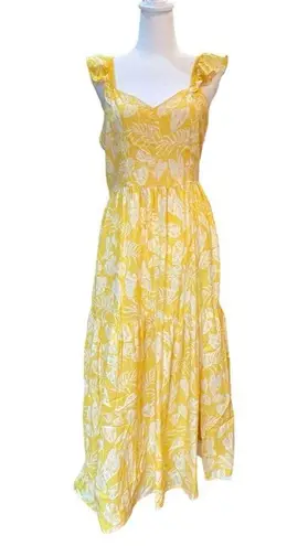 Angie  Midi Dress Cap Sleeve Tiered Skirt Yellow Floral Open Back Womens Large