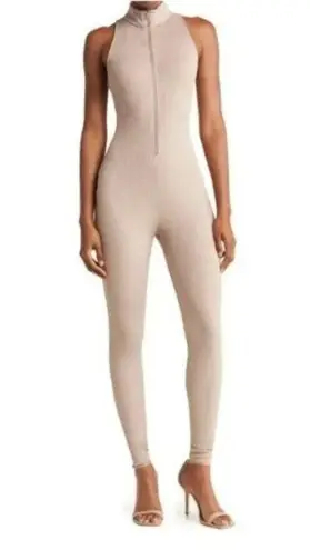 WMNS Nicholas Paola Zipper Front Ribbed Jumpsuit Unitard One Piece Sz XS Beige