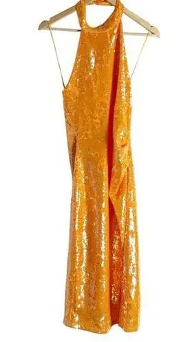 Caroline Constas Orange Sequin Embellished Sleeveless Halter Midi Dress Size M Size M