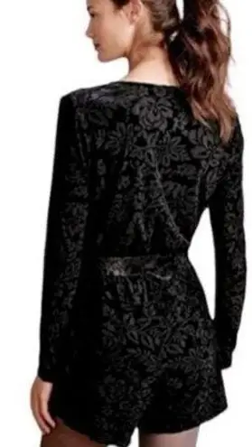 Saylor Black Velvet Burnout Romper Floral Belted Long Sleeve Anthropologie XS