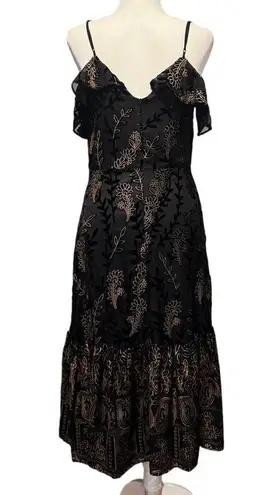 Lost + Wander Black Embroidered Ruffle Midi Dress Size L Boho Romantic Floral