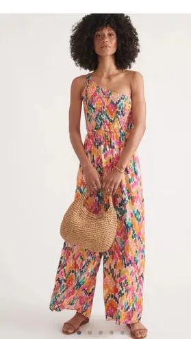 Marine layer Archive Tessa Smocked One Shoulder Jumpsuit Wide Leg Colorful L