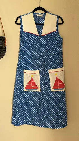Vintage KOMAR Blue Polka Dot Sailboat Zip Nightgown Dress Size M
