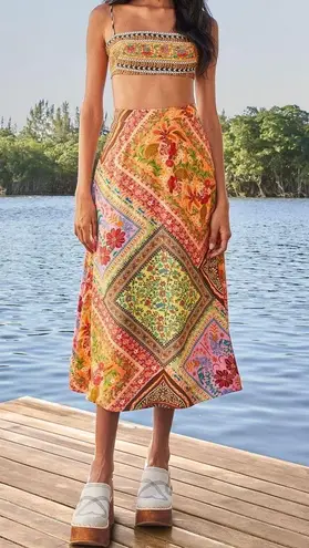 Farm Rio Mixed Scarves Satin Slip Midi Skirt, Size XS