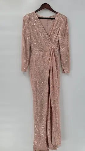 Sublime Sequined Gown S Pink Faux Wrap Long Puff Sleeve Tigh Slit Party Wedding