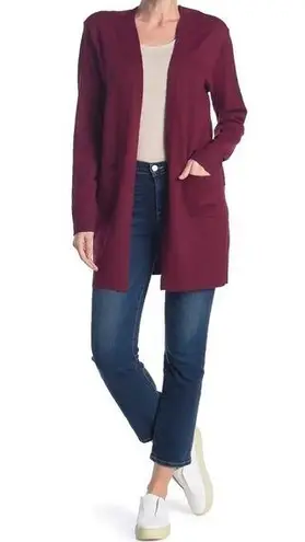 Sweet Romeo Open Drape Front Pocket Cardigan Wine Burgundy Sweater Fall Autumn