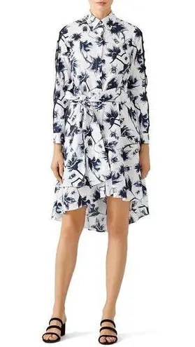 Osman Suzie White Floral Print Long Sleeve Tie Waist High Low Shirt Dress Sz 12