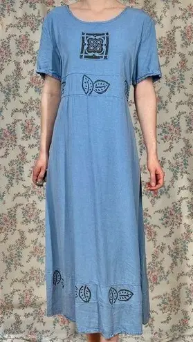 90s block printed blue dress by froxx leaf print large