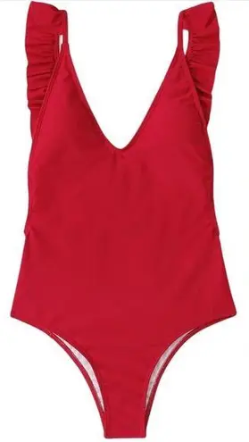 One Piece Swimsuit V neck Backless Solid Ruffle Strap Red sz Large