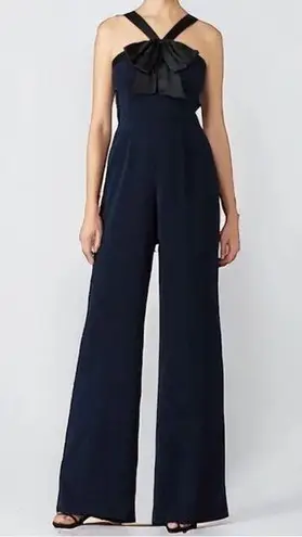 Jay Godfrey Dryden Bow Pleated Jumpsuit Wide Leg Navy Blue Size 2 Black Satin