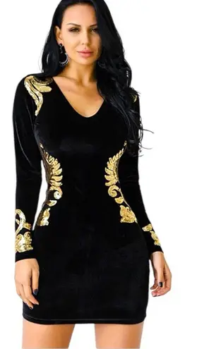 Black Velvet Embellished Dresses Sequin Long Sleeve Bodycon Small NEW