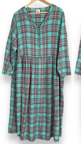 Vintage Flannel Nightgown Plaid Turquoise Plus Size Pearl Snaps 1X Pajamas PJs Blue - Image 1