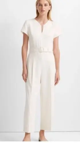 Club Monaco Womens Hidden Zip V-Neck Belted Jumpsuit in Cream - Size 00