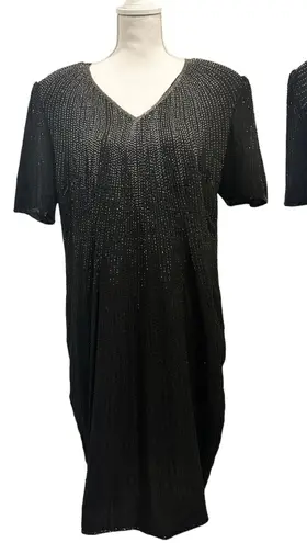 Vintage 80s Stenay Woman Black Silk Beaded Sequin Cocktail Shift Dress Art Deco Size 14