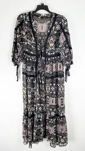 EASEL Black Floral Sheer Lace Inset Double Front Ties Kimono Cardigan Medium